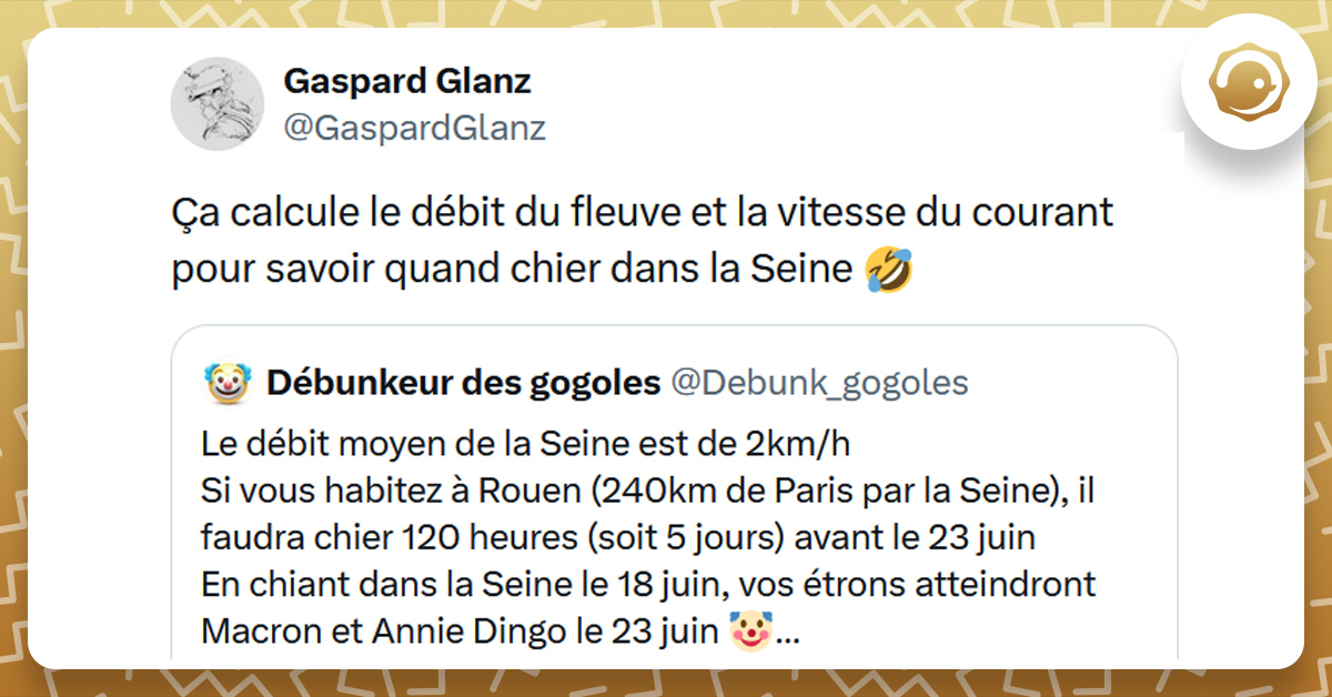 Tweet liseré de jaune de @Debunk_gogoles disant "Le débit moyen de la Seine est de 2km/h Si vous habitez à Rouen (240km de Paris par la Seine), il faudra chier 120 heures (soit 5 jours) avant le 23 juin En chiant dans la Seine le 18 juin, vos étrons atteindront Macron et Annie Dingo le 23 juin. Tweet de @GaspardGlanz répondant "Ça calcule le débit du fleuve et la vitesse du courant pour savoir quand chier dans la Seine"