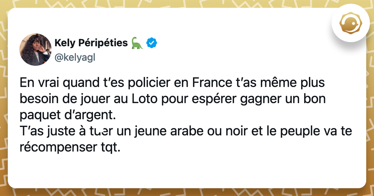 @kelyagl En vrai quand t’es policier en France t’as même plus besoin de jouer au Loto pour espérer gagner un bon paquet d’argent. T’as juste à tuer un jeune arabe ou noir et le peuple va te récompenser tqt.