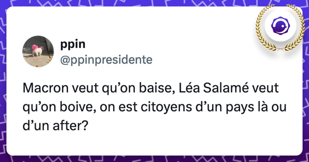 @ppinpresidente Macron veut qu’on baise, Léa Salamé veut qu’on boive, on est citoyens d’un pays là ou d’un after?