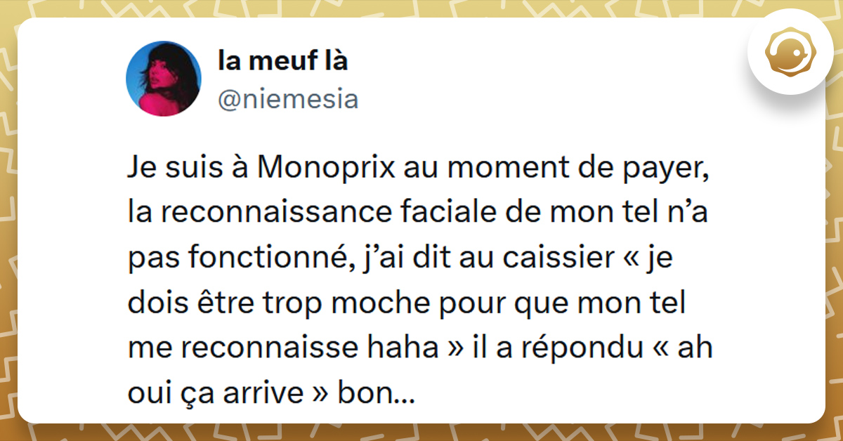 Tweet liseré de jaune de @niemesia disant "Je suis à Monoprix au moment de payer, la reconnaissance faciale de mon tel n’a pas fonctionné, j’ai dit au caissier « je dois être trop moche pour que mon tel me reconnaisse haha » il a répondu « ah oui ça arrive » bon…"