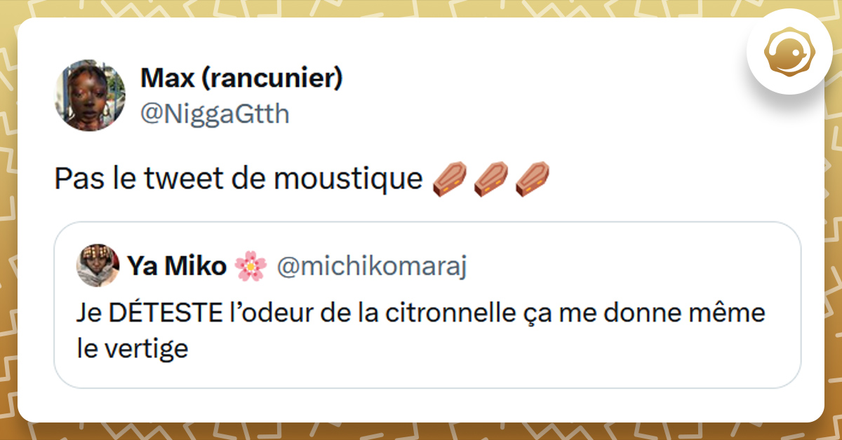 Tweet liseré de jaune de @michikomaraj disant "e DÉTESTE l’odeur de la citronnelle ça me donne même le vertige". Tweet de @NiggaGtth répondant "Pas le tweet de moustique ⚰️⚰️⚰️"