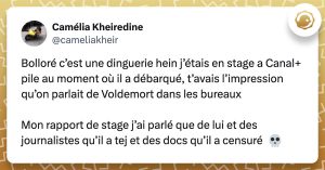 tweet de cameliakheir : Bolloré c’est une dinguerie hein j’étais en stage a Canal+ pile au moment où il a débarqué, t’avais l’impression qu’on parlait de Voldemort dans les bureaux Mon rapport de stage j’ai parlé que de lui et des journalistes qu’il a tej et des docs qu’il a censuré