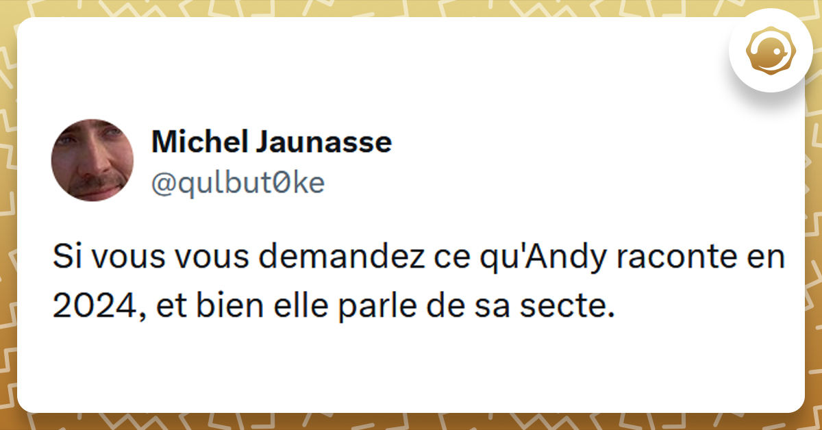 Tweet liseré de jaune de @qulbut0ke disant "Si vous vous demandez ce qu'Andy raconte en 2024, et bien elle parle de sa secte."