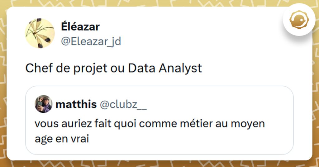 Tweet liseré de jaune de @clubz__ disant "vous auriez fait quoi comme métier au moyen age en vrai". Tweet de @Eleazar_jd répondant "Chef de projet ou Data Analyst"