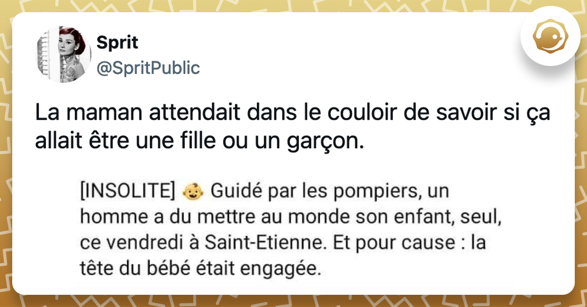 Une image : [INSOLITE] & Guidé par les pompiers, un homme a du mettre au monde son enfant, seul, ce vendredi à Saint-Etienne. Et pour cause : la tête du bébé était engagée. @SpritPublic La maman attendait dans le couloir de savoir si ça allait être une fille ou un garçon.