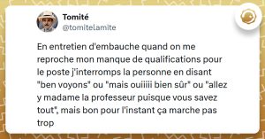 Tweet liseré de jaune de @tomitelamite disant "En entretien d'embauche quand on me reproche mon manque de qualifications pour le poste j'interromps la personne en disant "ben voyons" ou "mais ouiiiii bien sûr" ou "allez y madame la professeur puisque vous savez tout", mais bon pour l'instant ça marche pas trop"