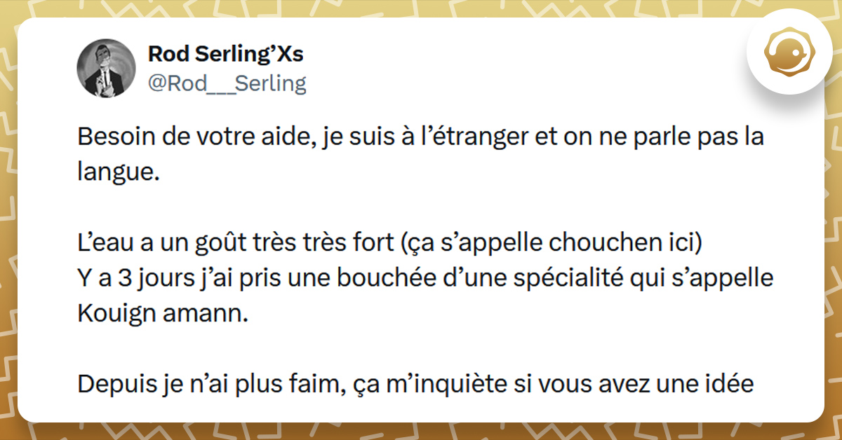 Tweet liseré de jaune de @Rod___Serling disant "Besoin de votre aide, je suis à l’étranger et on ne parle pas la langue. L’eau a un goût très très fort (ça s’appelle chouchen ici) Y a 3 jours j’ai pris une bouchée d’une spécialité qui s’appelle Kouign amann. Depuis je n’ai plus faim, ça m’inquiète si vous avez une idée"