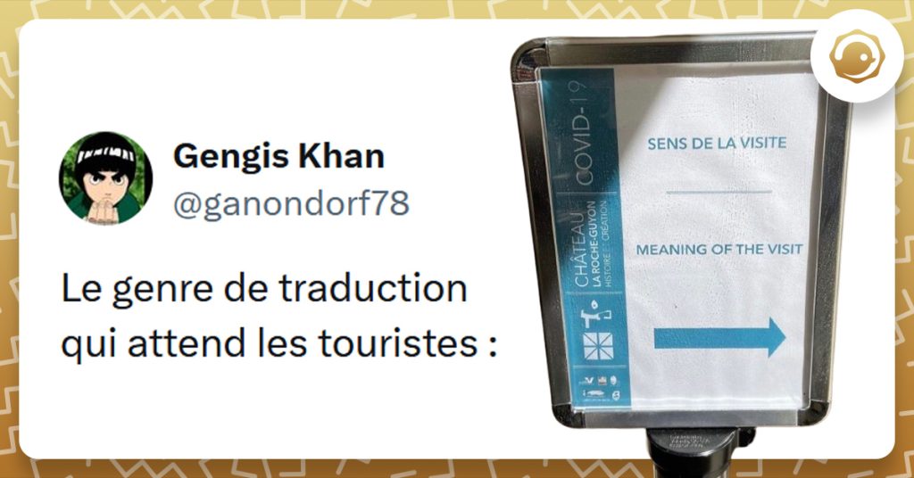 Panneau disant "sens de la visite" traduit par "meaning of the visit". Tweet liseré de jaune de @ganondorf78 disant "Le genre de traduction qui attend les touristes :"