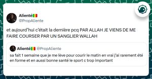 Tweet liseré de vert de @PropAliente disant "sa fait 1 semaine que je me lève pour courir le matin en vrai j’ai rarement été en forme et en aussi bonne santé le sport c trop important". Tweet de @PropAliente répondant "et aujourd’hui c’était la dernière pcq PAR ALLAH JE VIENS DE ME FAIRE COURSER PAR UN SANGLIER WALLAH"