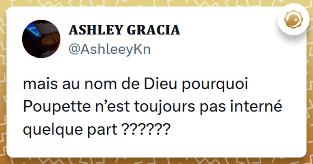 Tweet liseré de jaune de @AshleeyKn disant "mais au nom de Dieu pourquoi Poupette n’est toujours pas interné quelque part ??????"