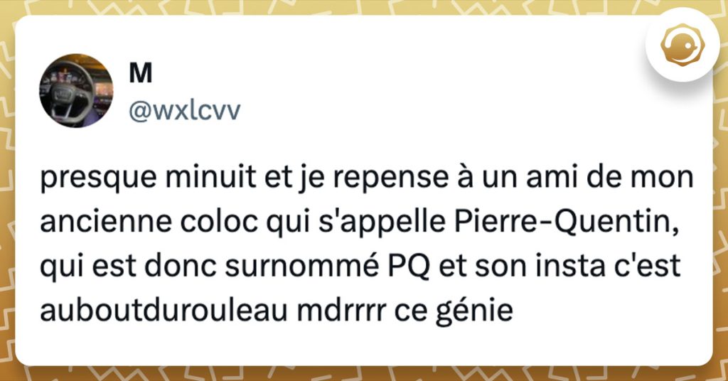 Tweet de @wxlcvv : "presque minuit et je repense à un ami de mon ancienne coloc qui s'appelle Pierre-Quentin, qui est donc surnommé PQ et son insta c'est auboutdurouleau mdrrrr ce génie"