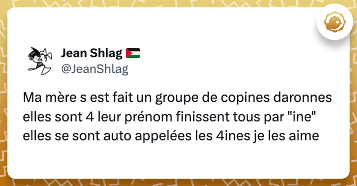 @JeanShlag Ma mère s est fait un groupe de copines daronnes elles sont 4 leur prénom finissent tous par "ine" elles se sont auto appelées les 4ines je les aime