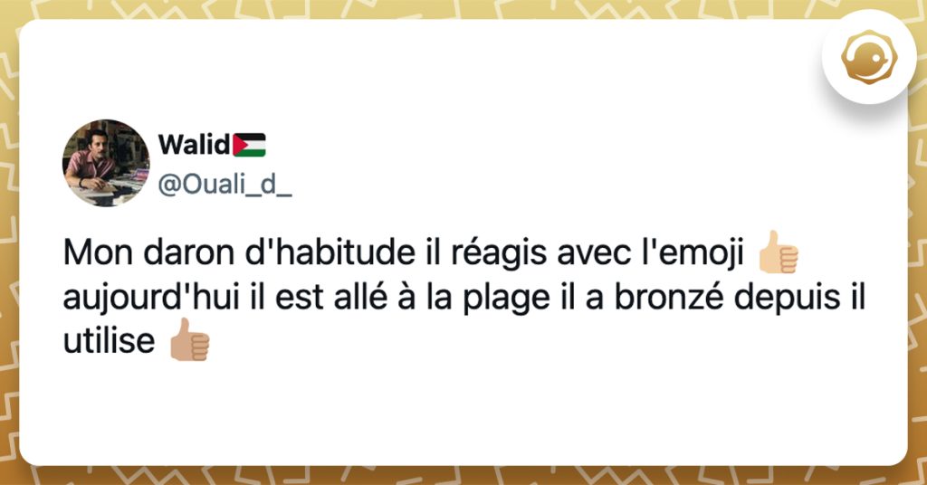 @Ouali_d_ Mon daron d'habitude il réagis avec l'emoji 👍🏼 aujourd'hui il est allé à la plage il a bronzé depuis il utilise 👍🏽