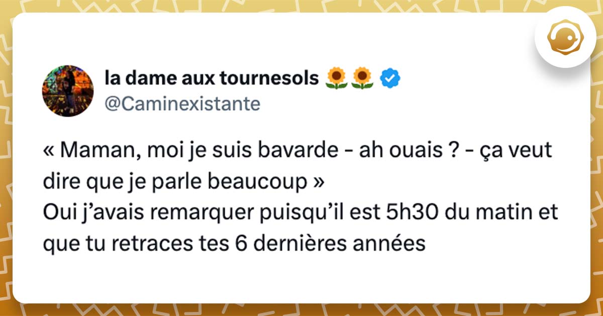 @Caminexistante « Maman, moi je suis bavarde - ah ouais ? - ça veut dire que je parle beaucoup » Oui j’avais remarquer puisqu’il est 5h30 du matin et que tu retraces tes 6 dernières années