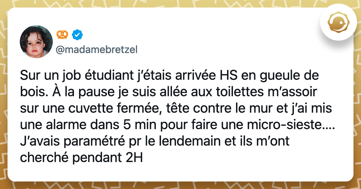 @madamebretzel Sur un job étudiant j’étais arrivée HS en gueule de bois. À la pause je suis allée aux toilettes m’assoir sur une cuvette fermée, tête contre le mur et j’ai mis une alarme dans 5 min pour faire une micro-sieste…. J’avais paramétré pr le lendemain et ils m’ont cherché pendant 2H