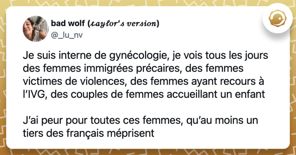 @_lu_nv Je suis interne de gynécologie, je vois tous les jours des femmes immigrées précaires, des femmes victimes de violences, des femmes ayant recours à l’IVG, des couples de femmes accueillant un enfant J’ai peur pour toutes ces femmes, qu’au moins un tiers des français méprisent