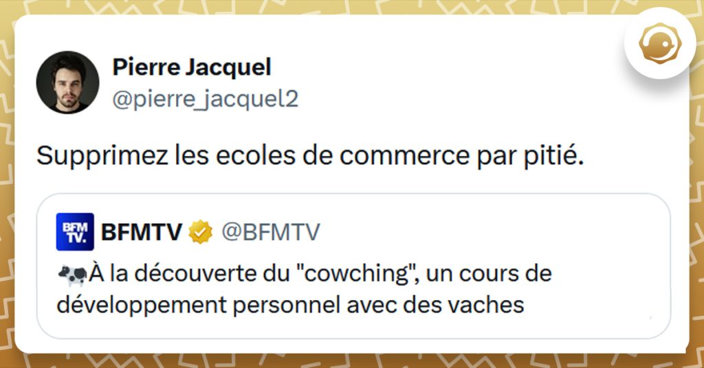 Tweet liseré de jaune de @BFMTV disant "À la découverte du "cowching", un cours de développement personnel avec des vaches". Tweet de @pierre_jacquel2 répondant "Supprimez les ecoles de commerce par pitié."