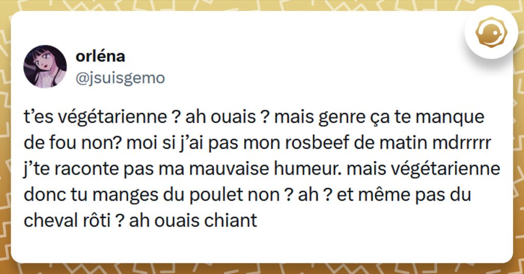 Tweet liseré de jaune de @jsuisgemo disant "t’es végétarienne ? ah ouais ? mais genre ça te manque de fou non? moi si j’ai pas mon rosbeef de matin mdrrrrr j’te raconte pas ma mauvaise humeur. mais végétarienne donc tu manges du poulet non ? ah ? et même pas du cheval rôti ? ah ouais chiant"