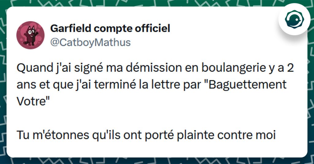 Tweet liseré de vert de @CatboyMathus disant "Quand j'ai signé ma démission en boulangerie y a 2 ans et que j'ai terminé la lettre par "Baguettement Votre" Tu m'étonnes qu'ils ont porté plainte contre moi"