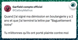 Tweet liseré de vert de @CatboyMathus disant "Quand j'ai signé ma démission en boulangerie y a 2 ans et que j'ai terminé la lettre par "Baguettement Votre" Tu m'étonnes qu'ils ont porté plainte contre moi"