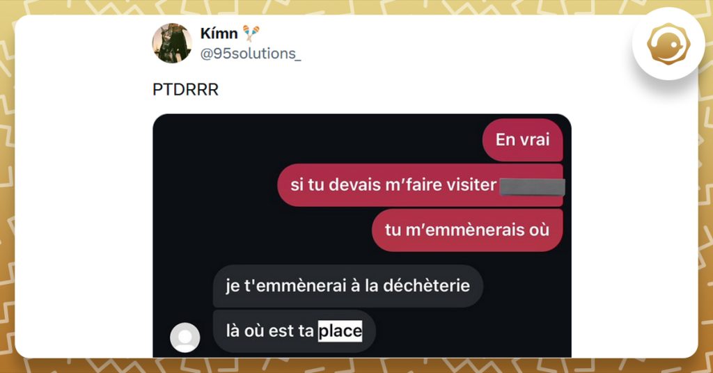 Tweet liseré de jaune de @95solutions_ montrant une capture d'écran disant "En vrai. Si tu devais m'faire visiter. Tu m'emmènerais où ?" "Je t’emmènerai à la déchetterie. Là où est ta place. "