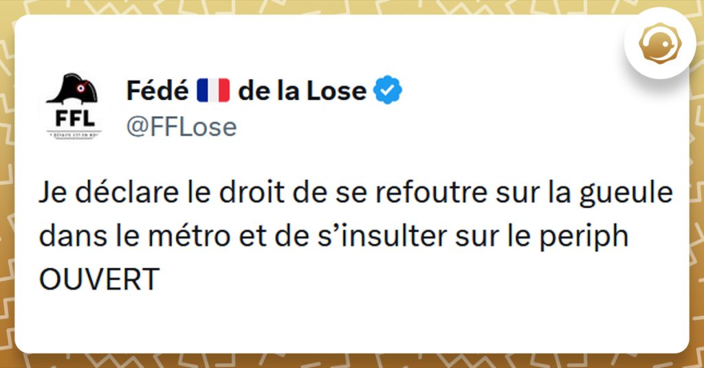 Tweet liseré de jaune de @FFLose disant "Je déclare le droit de se refoutre sur la gueule dans le métro et de s’insulter sur le periph OUVERT"