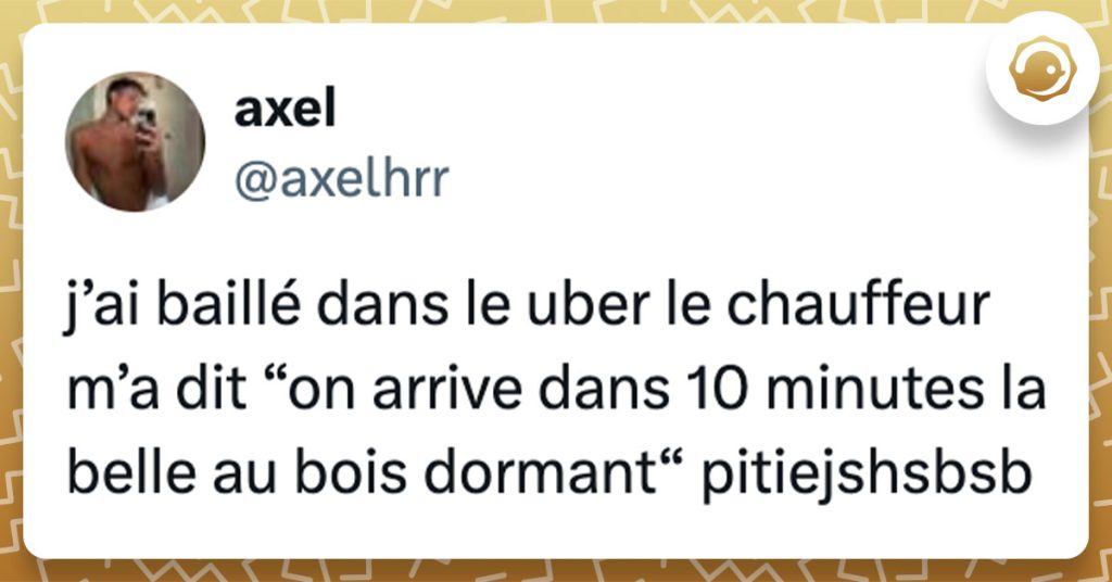 Tweet de @axelhrr : "j’ai baillé dans le uber le chauffeur m’a dit “on arrive dans 10 minutes la belle au bois dormant“ pitiejshsbsb"