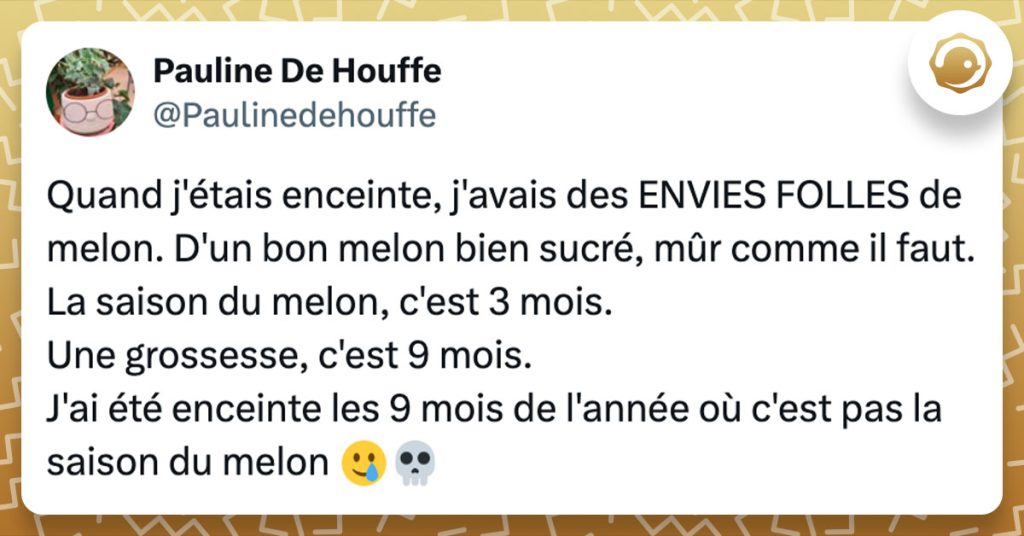 Tweet de @Paulinedehouffe : "Quand j'&eacute;tais enceinte, j'avais des ENVIES FOLLES de melon. D'un bon melon bien sucr&eacute;, m&ucirc;r comme il faut. La saison du melon, c'est 3 mois. Une grossesse, c'est 9 mois. J'ai &eacute;t&eacute; enceinte les 9 mois de l'ann&eacute;e o&ugrave; c'est pas la saison du melon 🥲💀"