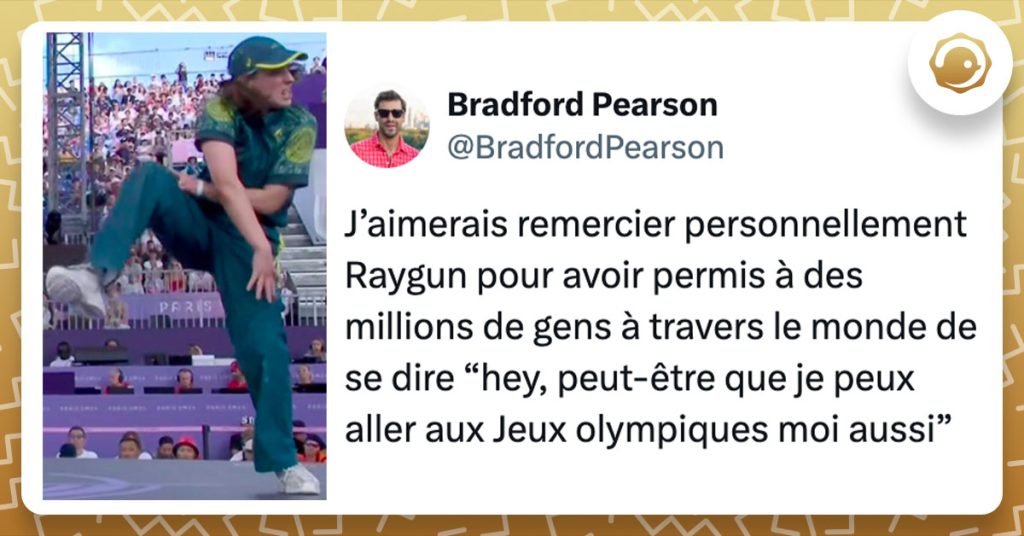 Tweet de @BradfordPearson : "J’aimerais remercier personnellement Raygun pour avoir permis à des millions de gens à travers le monde de se dire “hey, peut-être que je peux aller aux Jeux olympiques moi aussi”"