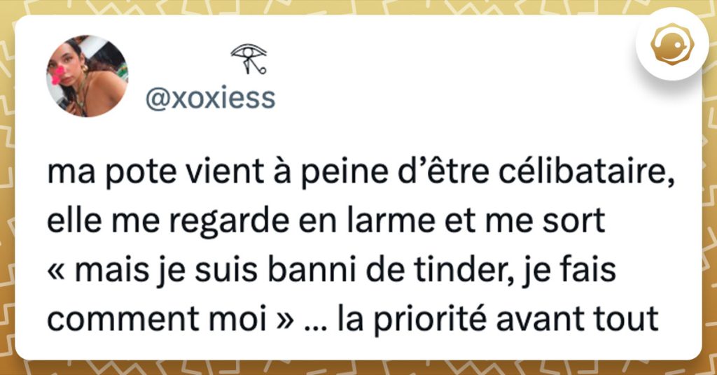 Tweet de @xoxiess : "ma pote vient à peine d’être célibataire, elle me regarde en larme et me sort « mais je suis banni de tinder, je fais comment moi » … la priorité avant tout"