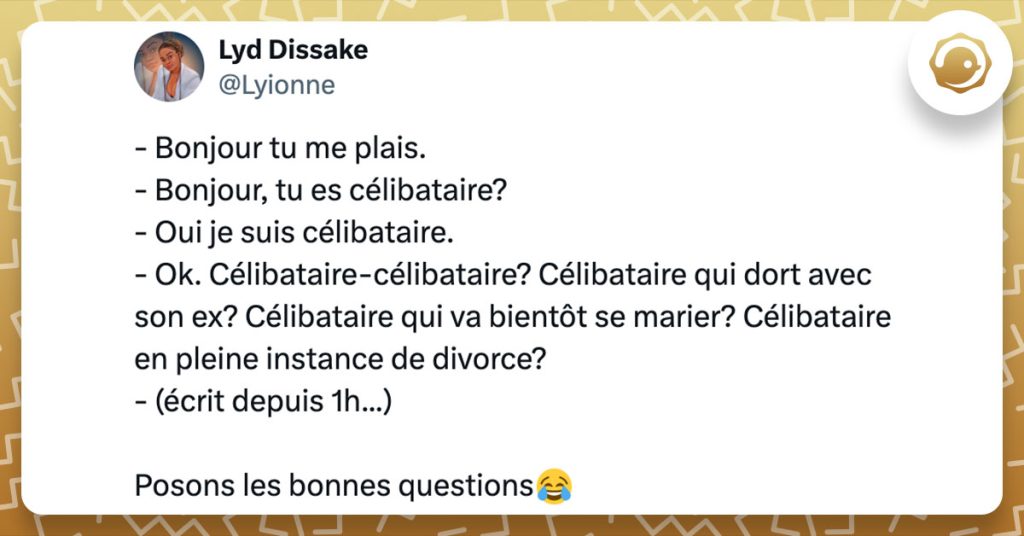 Tweet de @Lyionne : "- Bonjour tu me plais. - Bonjour, tu es célibataire? - Oui je suis célibataire. - Ok. Célibataire-célibataire? Célibataire qui dort avec son ex? Célibataire qui va bientôt se marier? Célibataire en pleine instance de divorce? - (écrit depuis 1h...) Posons les bonnes questions😂"