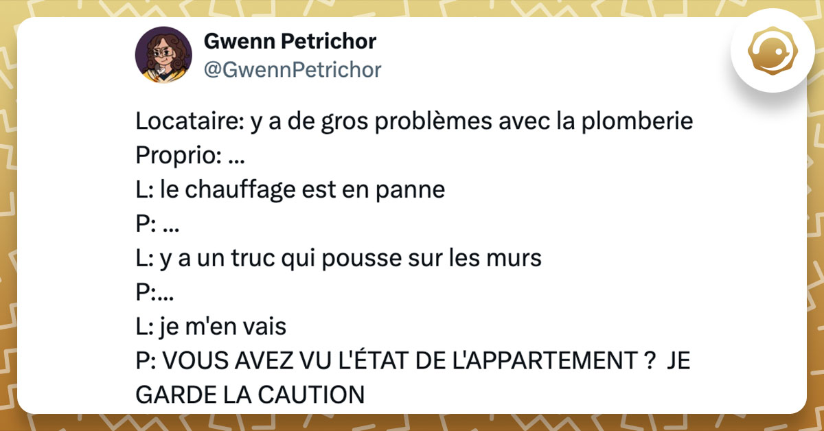 Tweet de @GwennPetrichor : "Locataire: y a de gros problèmes avec la plomberie Proprio: ... L: le chauffage est en panne P: ... L: y a un truc qui pousse sur les murs P:... L: je m'en vais P: VOUS AVEZ VU L'ÉTAT DE L'APPARTEMENT ? JE GARDE LA CAUTION"