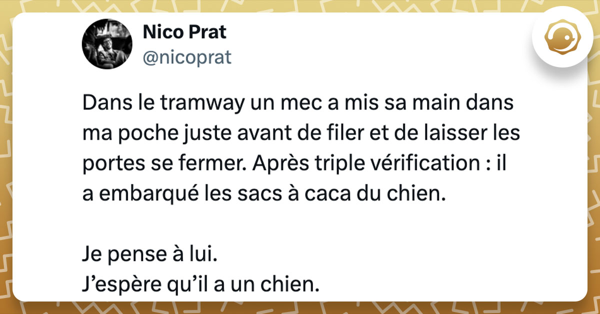 Tweet de @nicoprat : Dans le tramway un mec a mis sa main dans ma poche juste avant de filer et de laisser les portes se fermer. Après triple vérification : il a embarqué les sacs à caca du chien. Je pense à lui. J’espère qu’il a un chien.