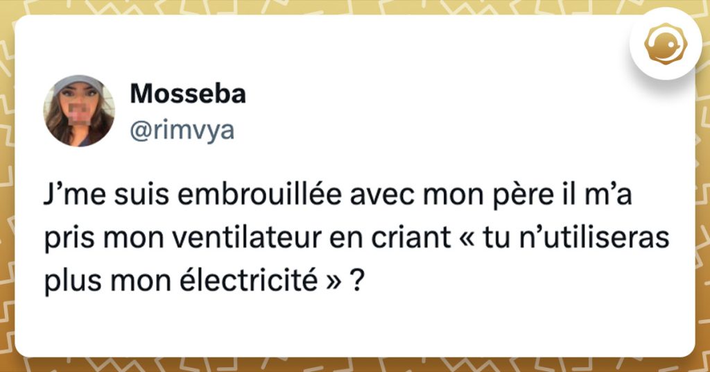 Tweet de @rimvya : "J’me suis embrouillée avec mon père il m’a pris mon ventilateur en criant « tu n’utiliseras plus mon électricité » ?"