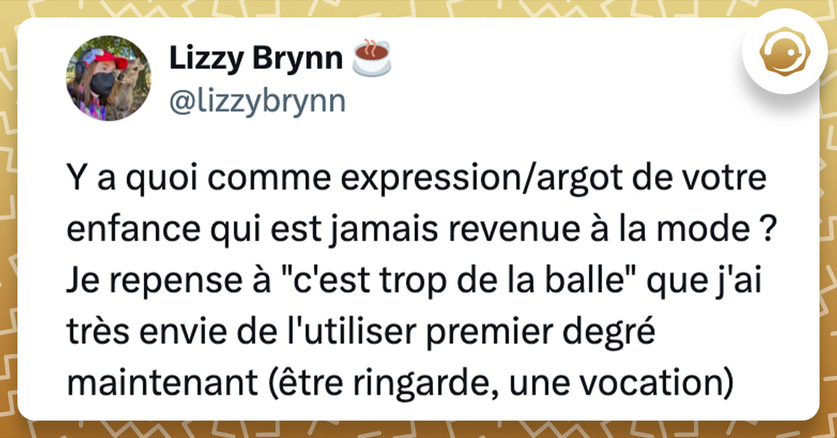 Tweet de @lizzybrynn : "Y a quoi comme expression/argot de votre enfance qui est jamais revenue à la mode ? Je repense à "c'est trop de la balle" que j'ai très envie de l'utiliser premier degré maintenant (être ringarde, une vocation)"