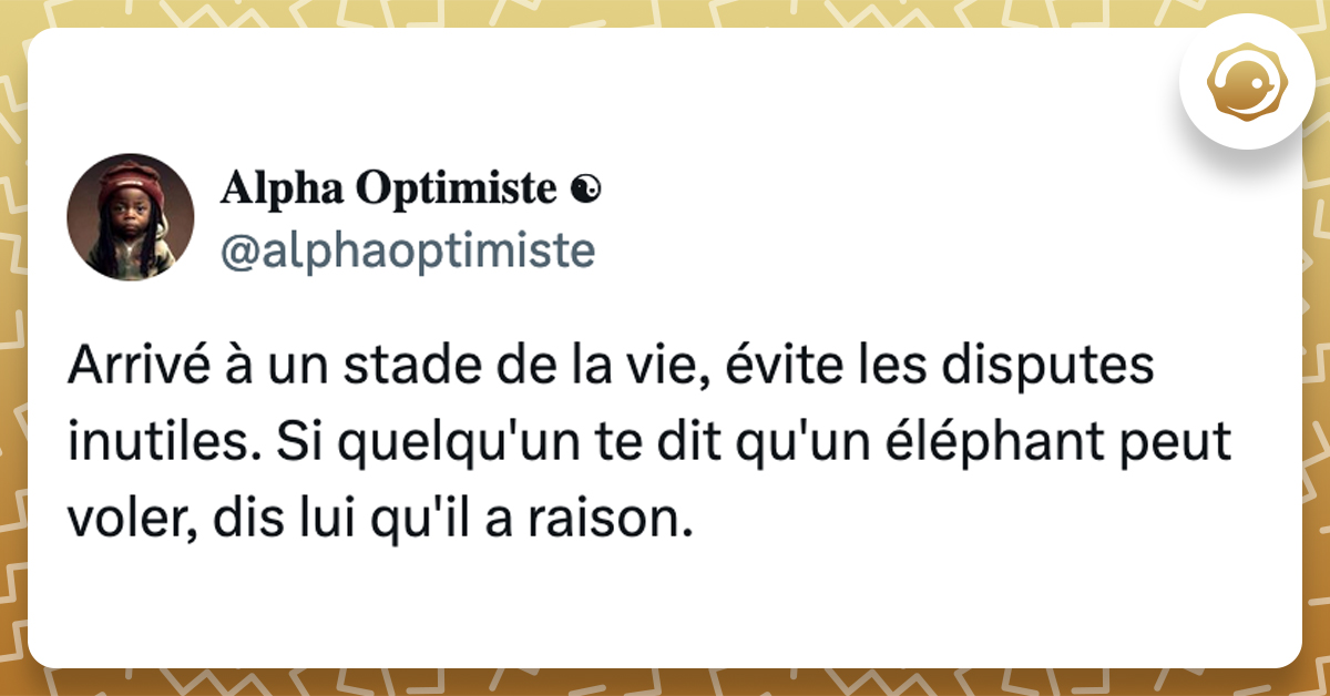 @alphaoptimiste Arrivé à un stade de la vie, évite les disputes inutiles. Si quelqu'un te dit qu'un éléphant peut voler, dis lui qu'il a raison.