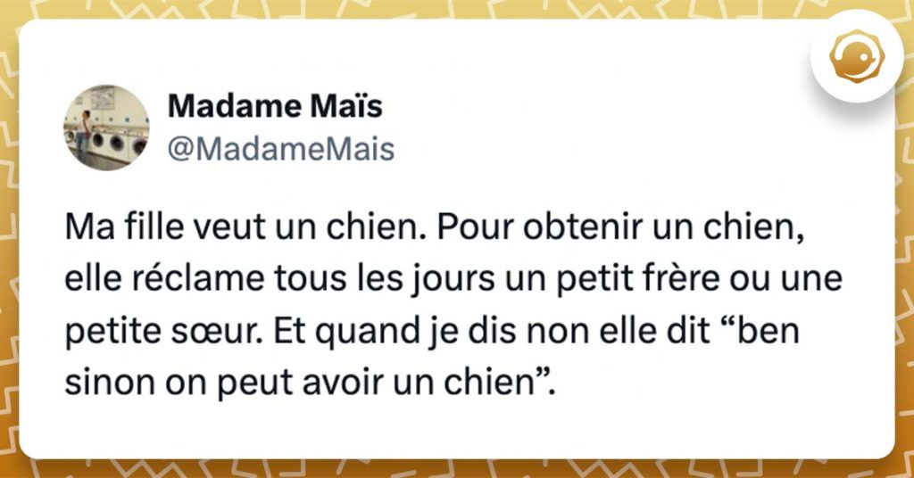 @MadameMais Ma fille veut un chien. Pour obtenir un chien, elle réclame tous les jours un petit frère ou une petite sœur. Et quand je dis non elle dit “ben sinon on peut avoir un chien”.