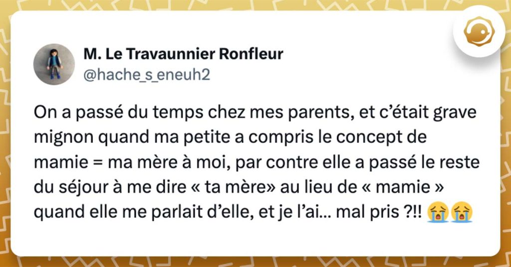 @hache_s_eneuh2 On a passé du temps chez mes parents, et c’était grave mignon quand ma petite a compris le concept de mamie = ma mère à moi, par contre elle a passé le reste du séjour à me dire « ta mère» au lieu de « mamie » quand elle me parlait d’elle, et je l’ai… mal pris ?!! 😭😭