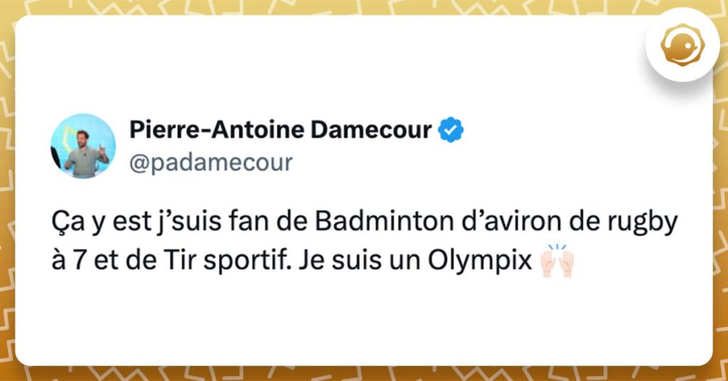 @padamecour Ça y est j’suis fan de Badminton d’aviron de rugby à 7 et de Tir sportif. Je suis un Olympix 🙌🏻