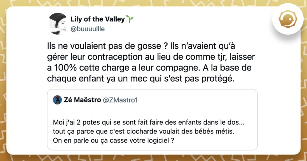 "@ZMastro1 Moi j'ai 2 potes qui se sont fait faire des enfants dans le dos... tout ça parce que c'est clocharde voulait des bébés métis. On en parle ou ça casse votre logiciel ?" @buuuullle Ils ne voulaient pas de gosse ? Ils n’avaient qu’à gérer leur contraception au lieu de comme tjr, laisser a 100% cette charge a leur compagne. A la base de chaque enfant ya un mec qui s’est pas protégé.