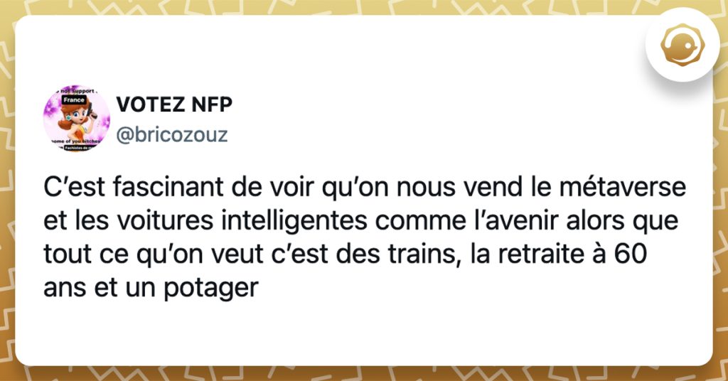 @bricozouz C’est fascinant de voir qu’on nous vend le métaverse et les voitures intelligentes comme l’avenir alors que tout ce qu’on veut c’est des trains, la retraite à 60 ans et un potager