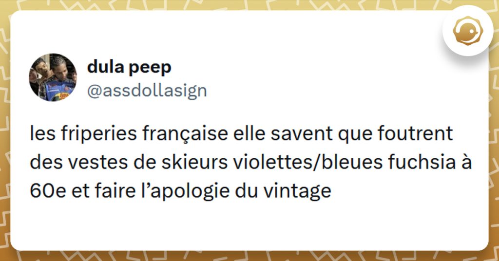 Tweet liseré de jaune de @assdollasign disant "les friperies française elle savent que foutrent des vestes de skieurs violettes/bleues fuchsia à 60e et faire l’apologie du vintage"