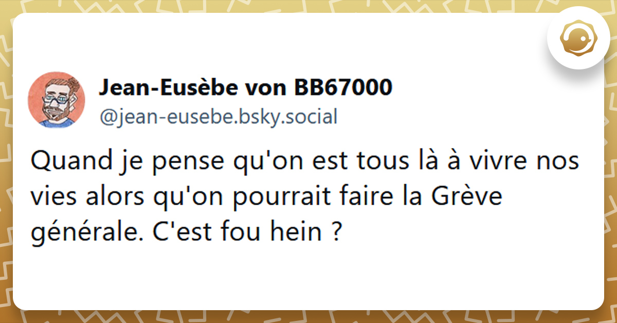 Tweet liseré de jaune de @jean-eusebe disant "Quand je pense qu'on est tous là à vivre nos vies alors qu'on pourrait faire la Grève générale. C'est fou hein ?"