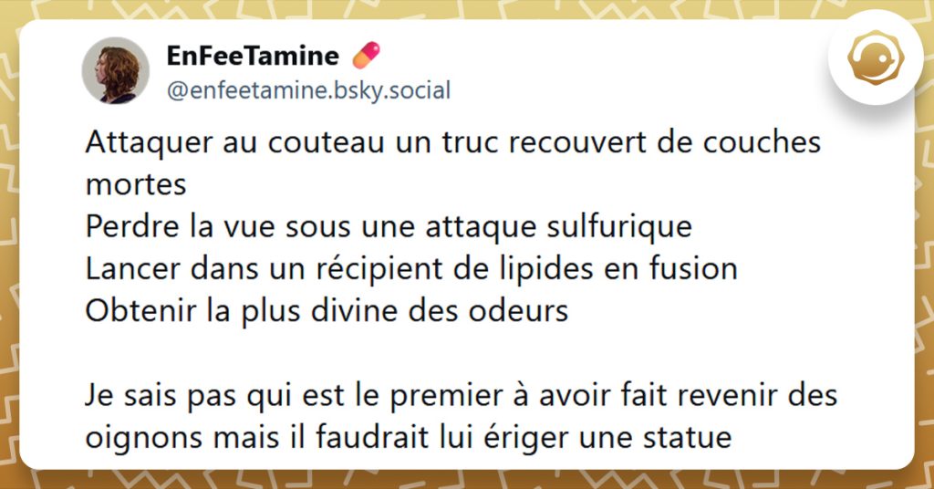 Post liseré de jaune de @enfeetamine disant "Attaquer au couteau un truc recouvert de couches mortes Perdre la vue sous une attaque sulfurique Lancer dans un récipient de lipides en fusion Obtenir la plus divine des odeurs Je sais pas qui est le premier à avoir fait revenir des oignons mais il faudrait lui ériger une statue"