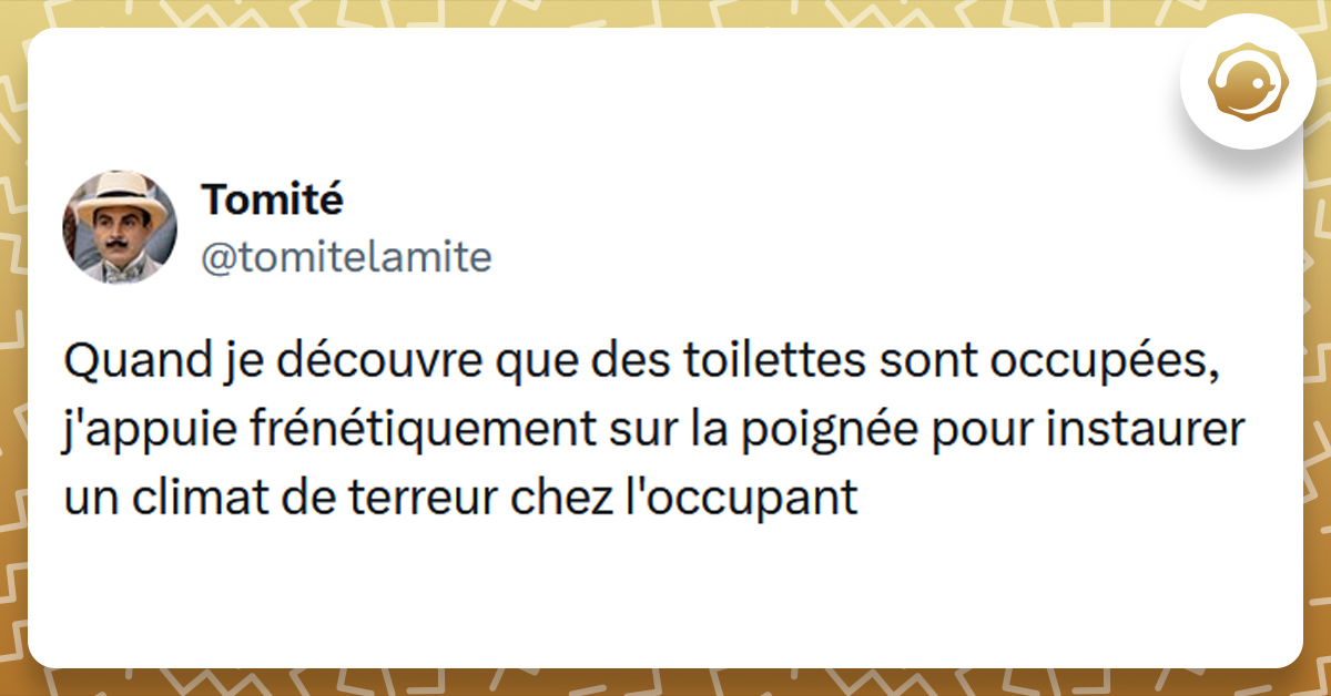 Tweet liseré de jaune de @tomitelamite disant "Quand je découvre que des toilettes sont occupées, j'appuie frénétiquement sur la poignée pour instaurer un climat de terreur chez l'occupant"