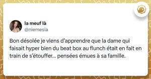 Tweet liseré de jaune de @niemesia disant "Bon désolée je viens d’apprendre que la dame qui faisait hyper bien du beat box au flunch était en fait en train de s’étouffer… pensées émues à sa famille."