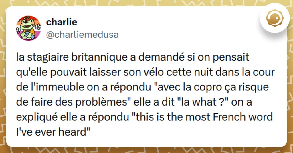 Tweet liseré de jaune de @charliemedusa disant "la stagiaire britannique a demandé si on pensait qu'elle pouvait laisser son vélo cette nuit dans la cour de l'immeuble on a répondu "avec la copro ça risque de faire des problèmes" elle a dit "la what ?" on a expliqué elle a répondu "this is the most French word I've ever heard""