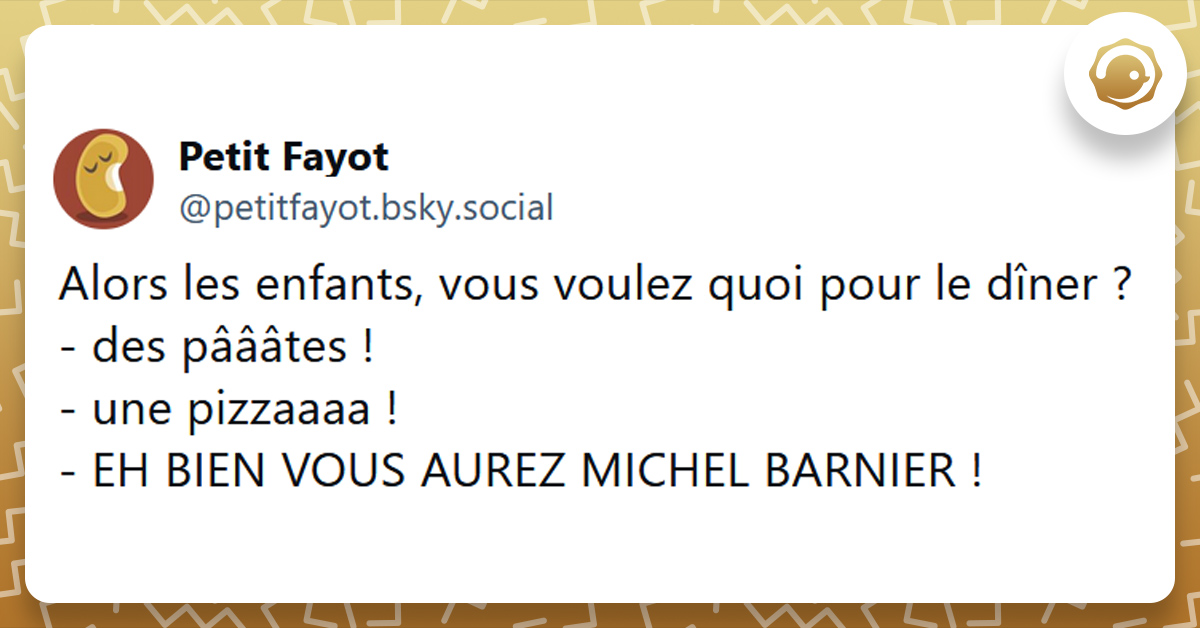 Post liseré de jaune de @petitfayot disant "Alors les enfants, vous voulez quoi pour le dîner ? - des pâââtes ! - une pizzaaaa ! - EH BIEN VOUS AUREZ MICHEL BARNIER !"