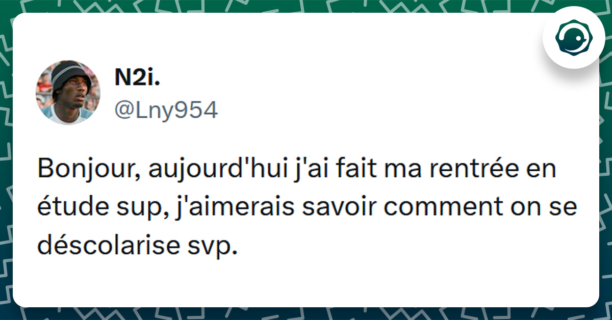 Tweet liseré de vert de @Lny954 disant "Bonjour, aujourd'hui j'ai fait ma rentrée en étude sup, j'aimerais savoir comment on se déscolarise svp."