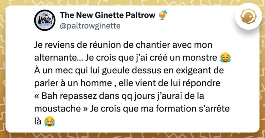 Tweet de @paltrowginette : "Je reviens de réunion de chantier avec mon alternante… Je crois que j’ai créé un monstre 😂 À un mec qui lui gueule dessus en exigeant de parler à un homme , elle vient de lui répondre « Bah repassez dans qq jours j’aurai de la moustache » Je crois que ma formation s’arrête là 😂"